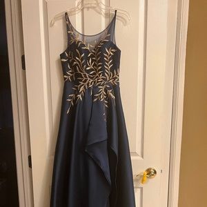Beautiful navy blue and gold prom dress